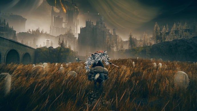Elden Ring Shadow of the Erdtree screenshot showing mounted player character racing past ghostly graves with shadowy giant tree in the distance
