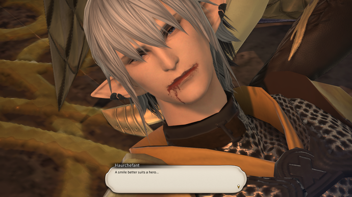 Final Fantasy 14 screenshot showing a character named Haurchefant looking into the camera as blood trickles from the corner of their mouth. A speech caption reads, "A smile better suits a hero..."
