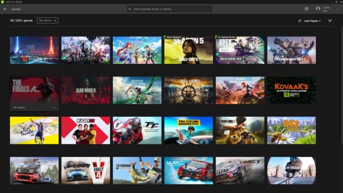 GeForce Now's app homepage, showing a grid of games in a library.