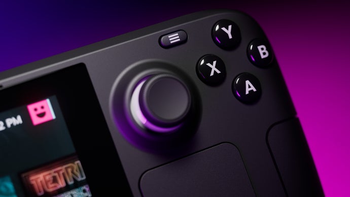The upper right corner of a Steam Deck, showing off the X, Y, A and B buttons, and a thumbstick.
