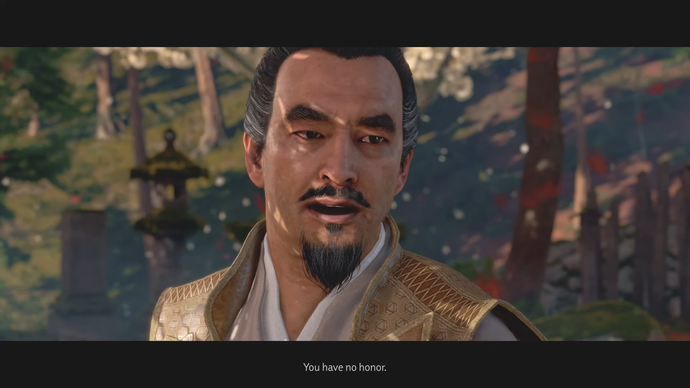 Ghost of Tsushima screenshot where Jin is being told "You have no honor"