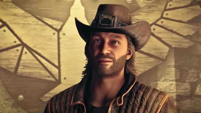 Sam Coe in Starfield. He is wearing a western-style cowboy hat and a jacket with padding in the shoulders