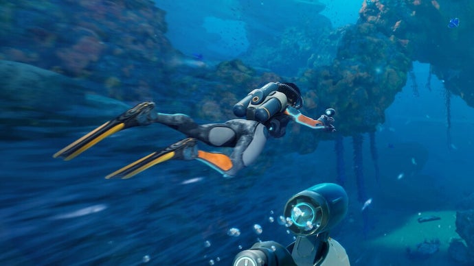 Subnautica 2 screenshot showing a diver swimming underwater
