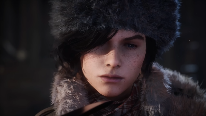 Lies of P story trailer screenshot showing close up of boy protagonist in fur hat looking down and forlorn