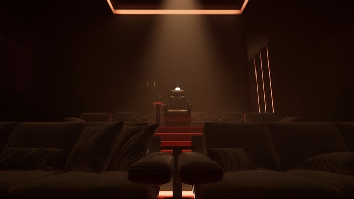 Dead Take screenshot showing a dimly lit cinema room in a mansion, with sofas and a projector