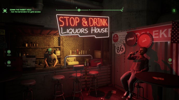 Robocop Rogue City - Unfinished Business screenshot showing an NPC hub at a makeshift liquor store with neon signage