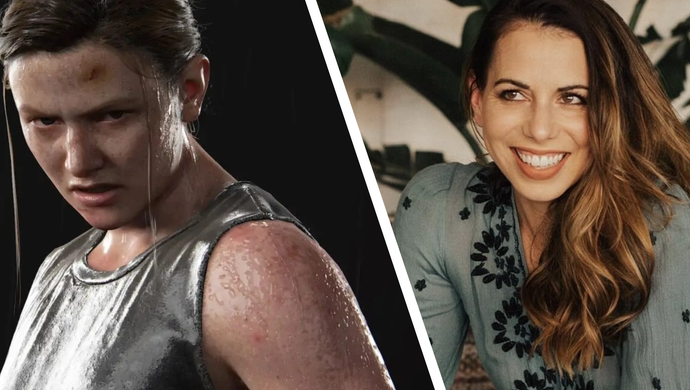 A side by side image of Abby Anderson in The Last of Us Part 2 and her actor Laura Bailey
