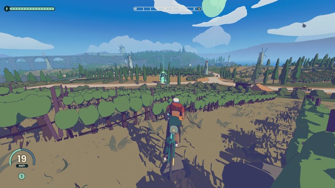 Cycling through a vineyard in Wheel World.