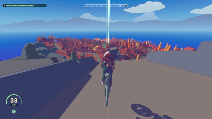 Approaching an autumn forest while cycling in Wheel World.