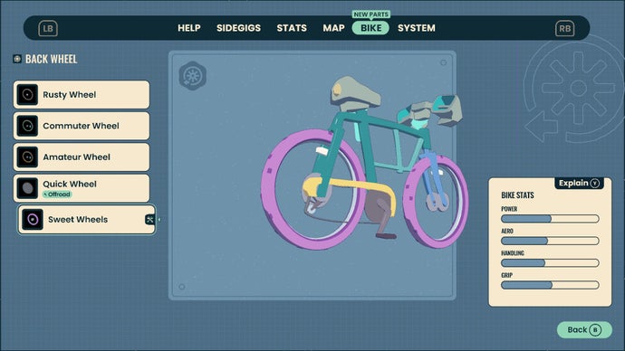 The bike upgrade screen in Wheel World showing a bike and various options for parts.