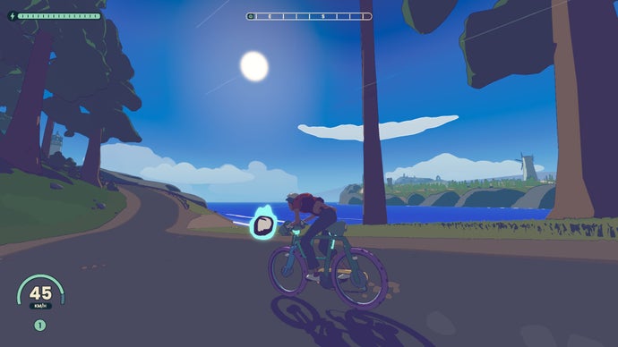 Navigating giant trees on a bike in Wheel World.