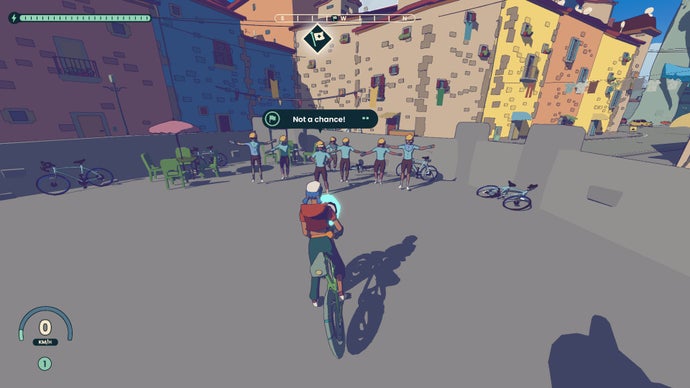 Approaching a rival racer gang in a city square in Wheel World.