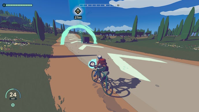Following a rival cyclist in Wheel World.