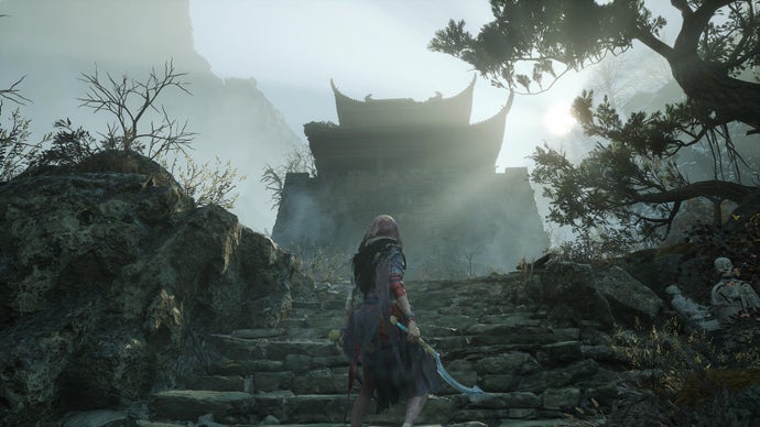 In a screenshot from Wuchang Fallen Feathers, Wuchang faces the silhouette of a large building while rays of light cut through its corners.