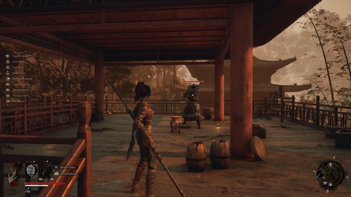 In a screenshot from Wuchang Fallen Feathers, Wuchang faces an enemy who’s preparing for battle.