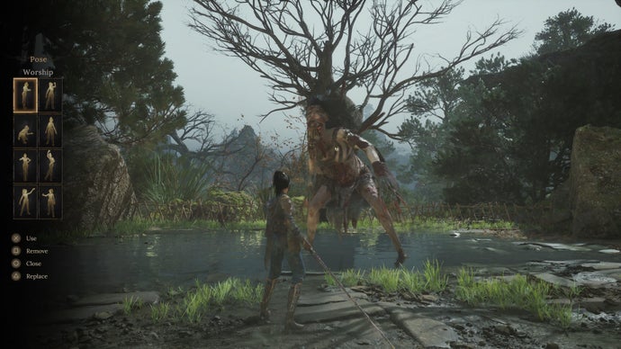 In a screenshot from Wuchang Fallen Feathers, a ‘Pose’ menu sits at the left of the screen while a warrior faces down a mutated monster in the centre.
