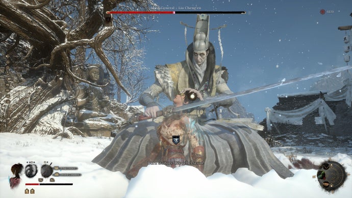 In a screenshot from Wuchang Fallen Feathers, an outsized man holds a blade to Wuchang’s throat on a snowy battlefield.