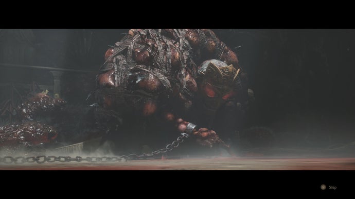 In a screenshot from Wuchang Fallen Feathers, a fleshy monster in a gold mask writes something on the ground.
