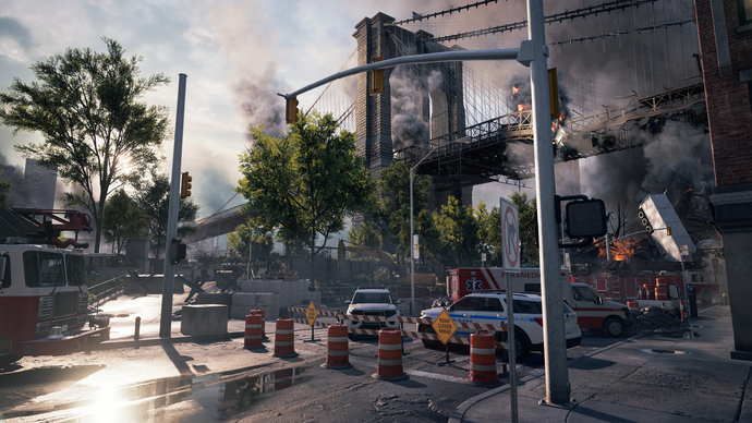 Official Battlefield 6 image showing a view of traffic lights and a tall bridge on the Empire State map