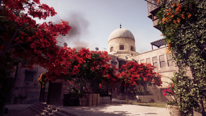 Official Battlefield 6 image showing colourful red flowers and a mosque on the Cairo map