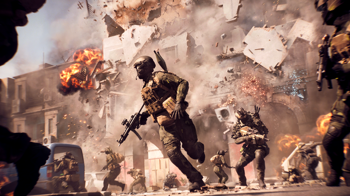Official Battlefield 6 image showing soldiers running away from a large exploding building