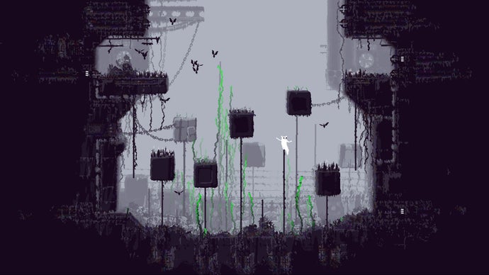A series of platform boxes, in pixel art form, in the game Rain World.