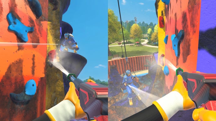 Powerwash Simulator 2 official screenshot showing a rock climbing park wall in splitscreen