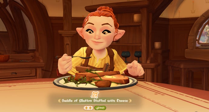 A hobbit smiling as she eats a meal in Tales of the Shire.