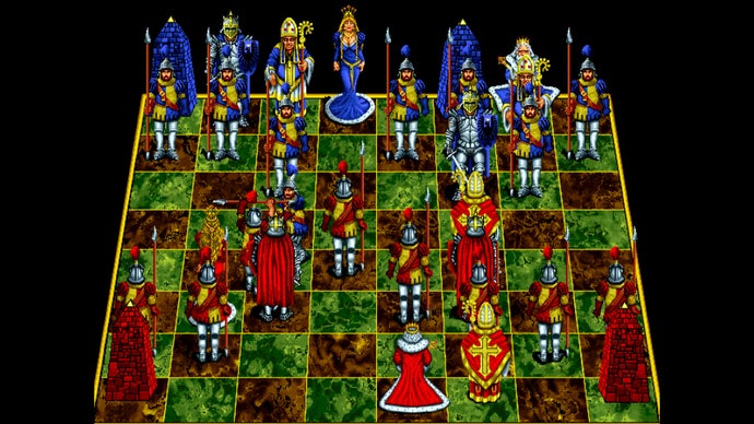Battle Chess screenshot showing two sides of human chess soldiers on a board