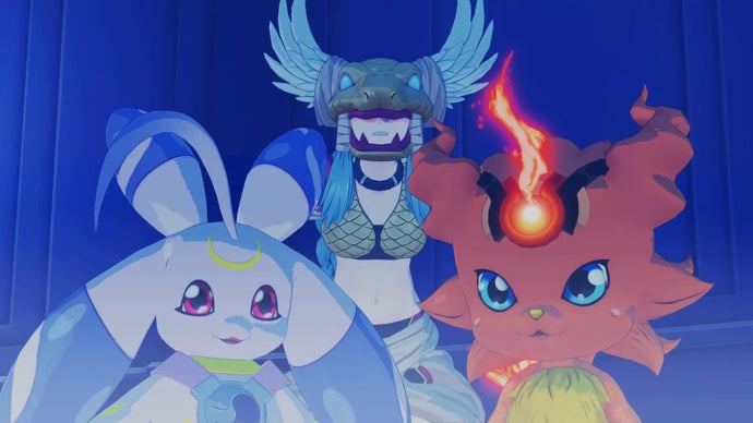 Digimon Story Time Stranger: three Digimon look into the camera. One is humanoid, and has an exposed midriff.