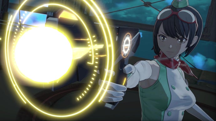 A female anime protagonist holds a gun building up light.