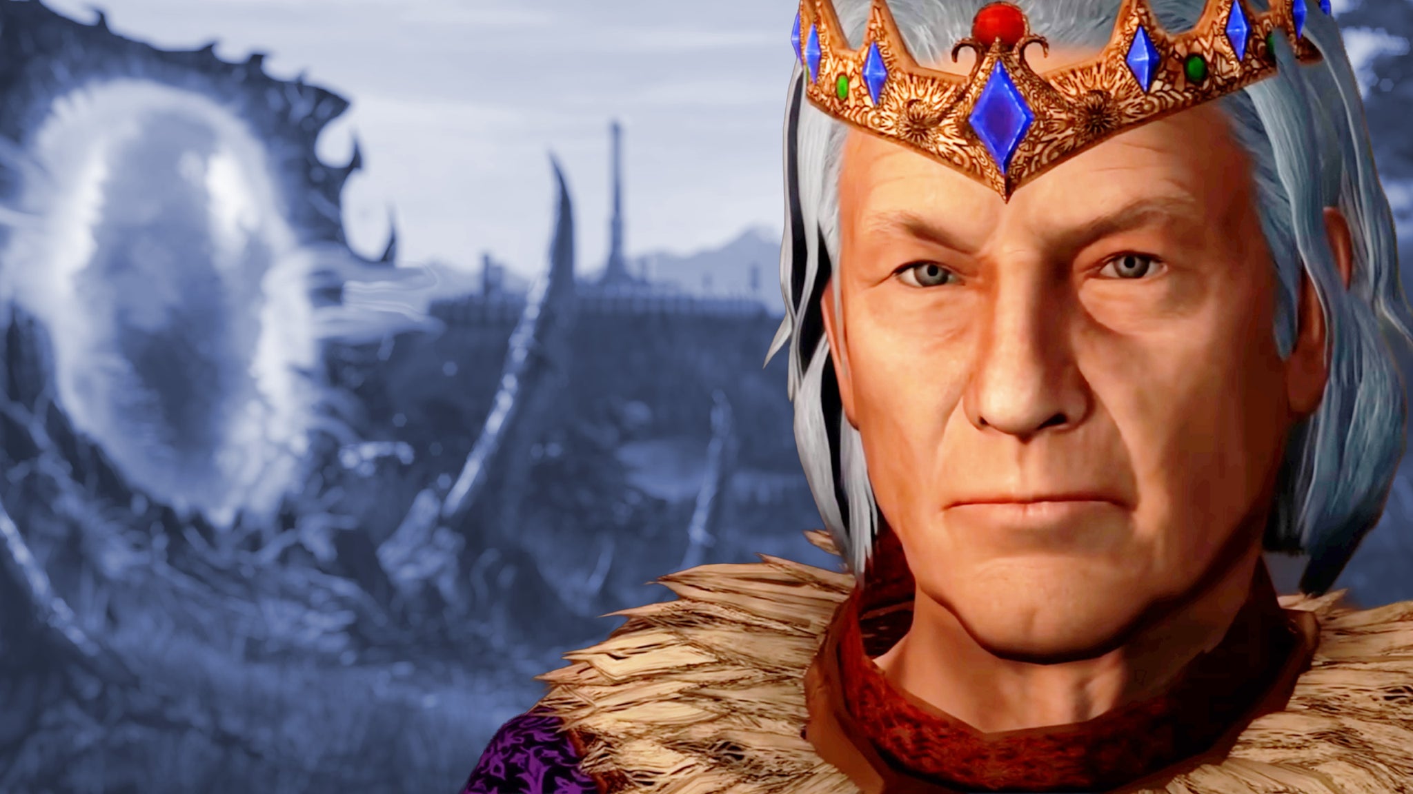 Skyblivion's version of Patrick Stuart in a nice gold crown over a blue background showing an Oblivion gate.