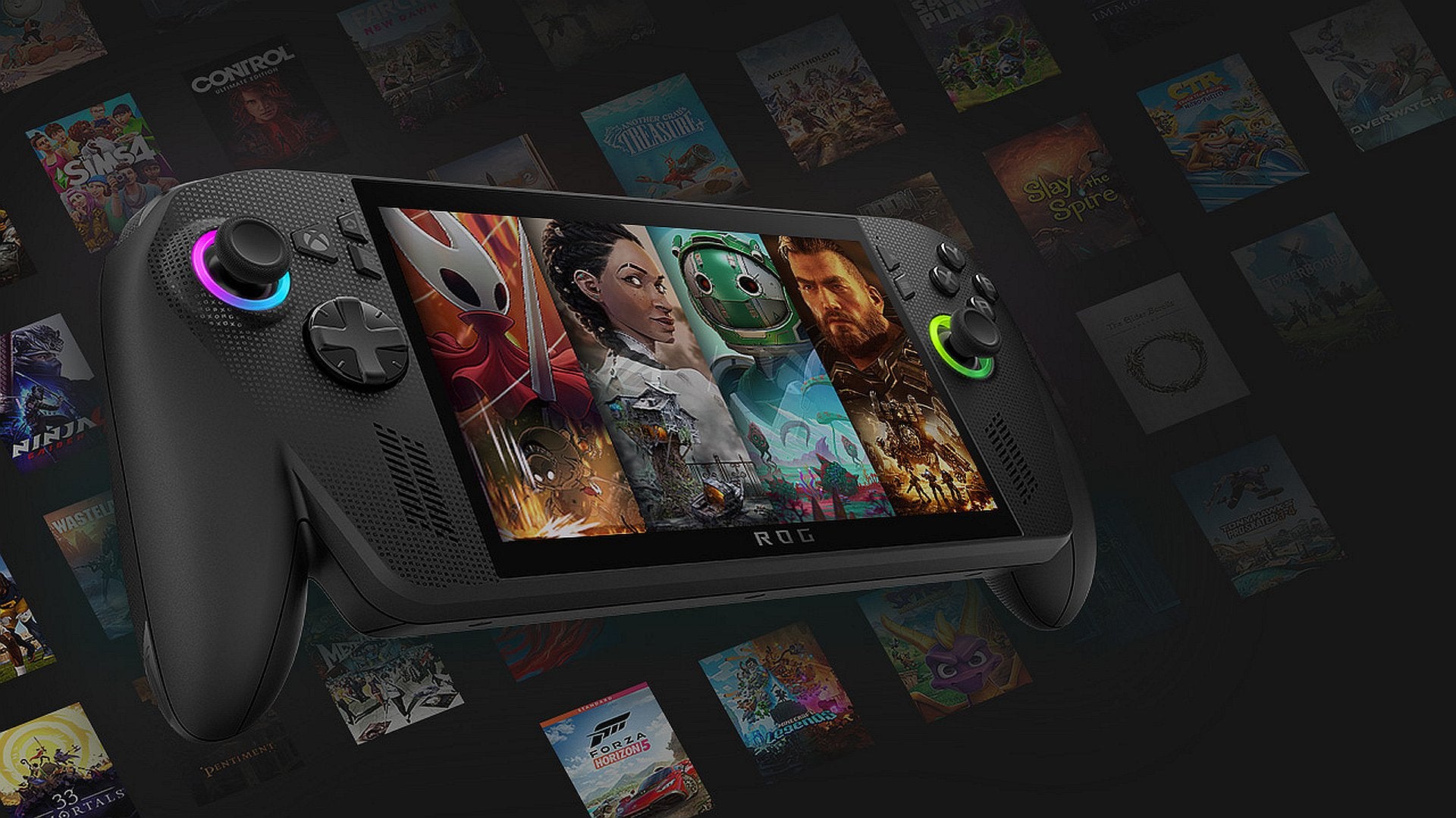 A ROG Xbox Ally X handheld over the top of some tiles showing Xbox games.