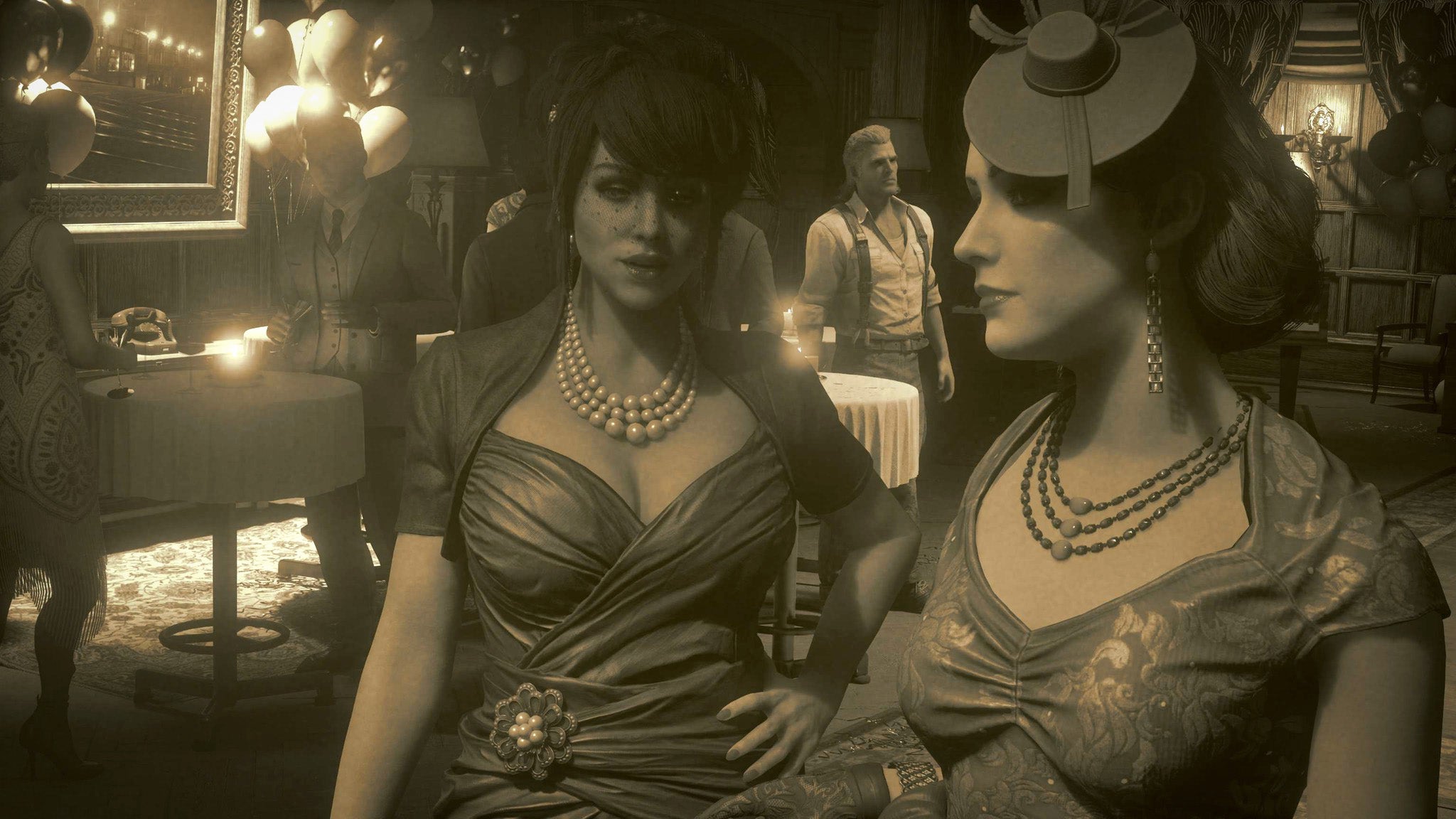 A sepia-coloured screenshot from Vampire The Masquerade Bloodlines 2 showing two elaborately dressed women at a party, one looking away from the camera, one looking towards it.