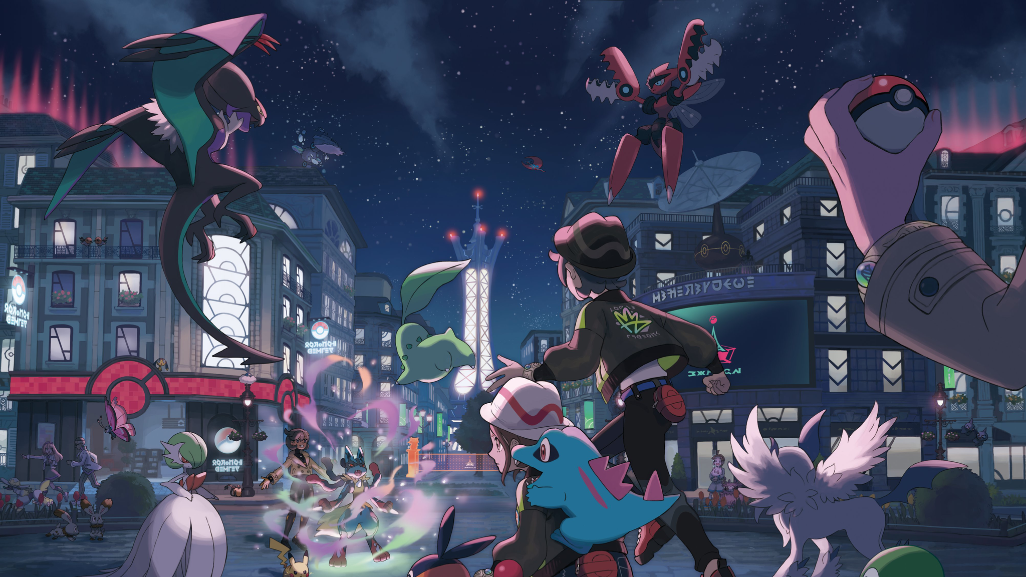 Pokémon Legends Z:A key art showing a collection of pokémon and trainers in the city at night