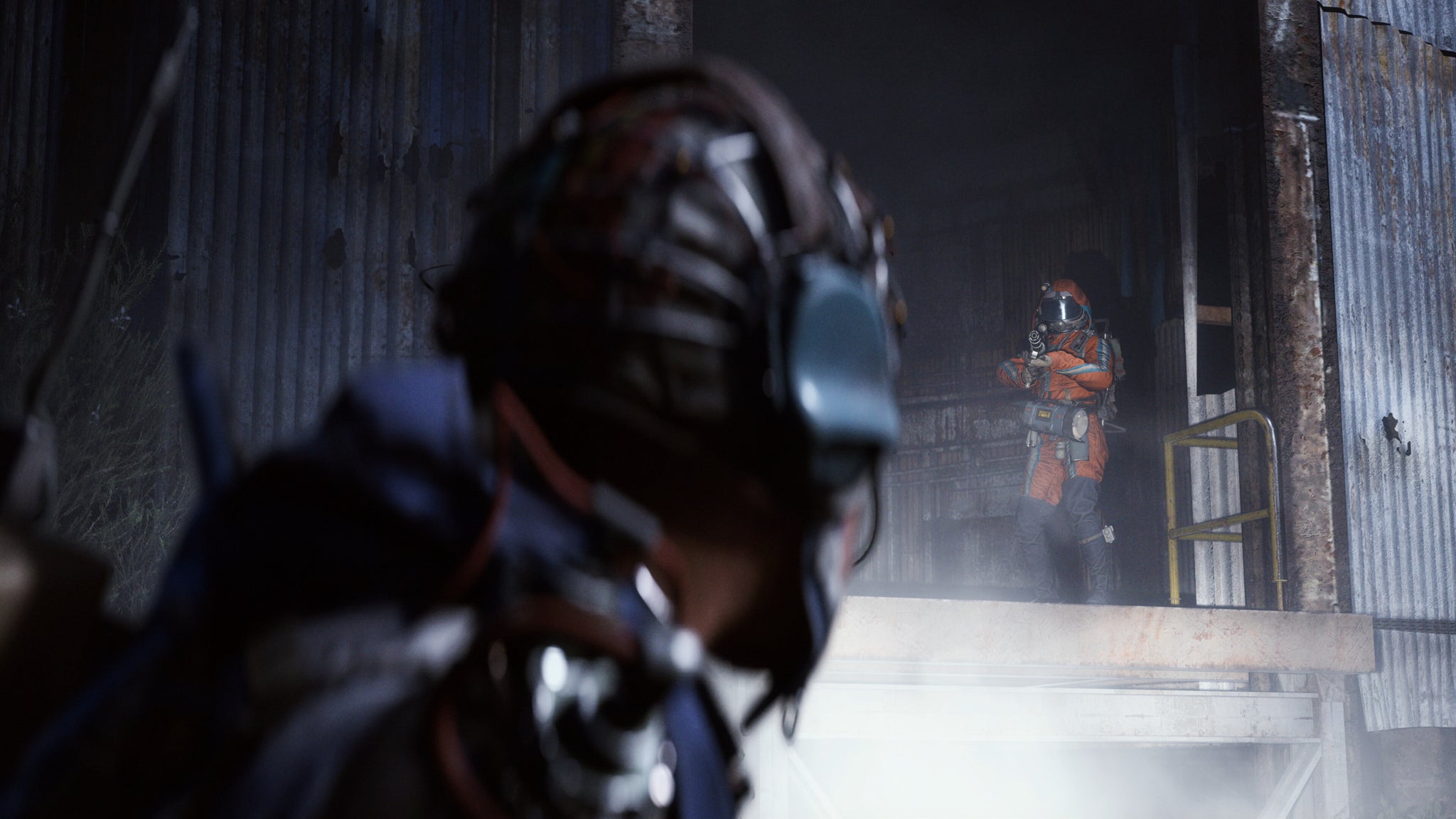 Arc Raiders man in orange suit pointing gun.