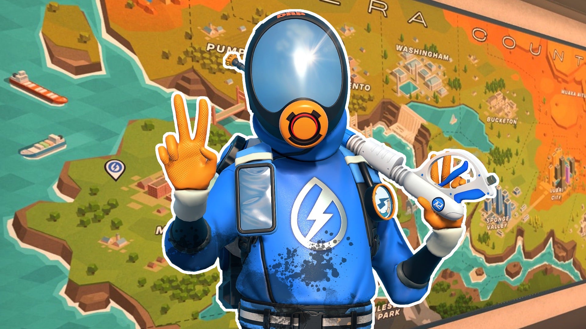 PowerWash Simulator 2 art showing its helmeted protagonist brandishing a pressure washer over their shoulder and making a peace sign while standing in front of a large, colourful map.