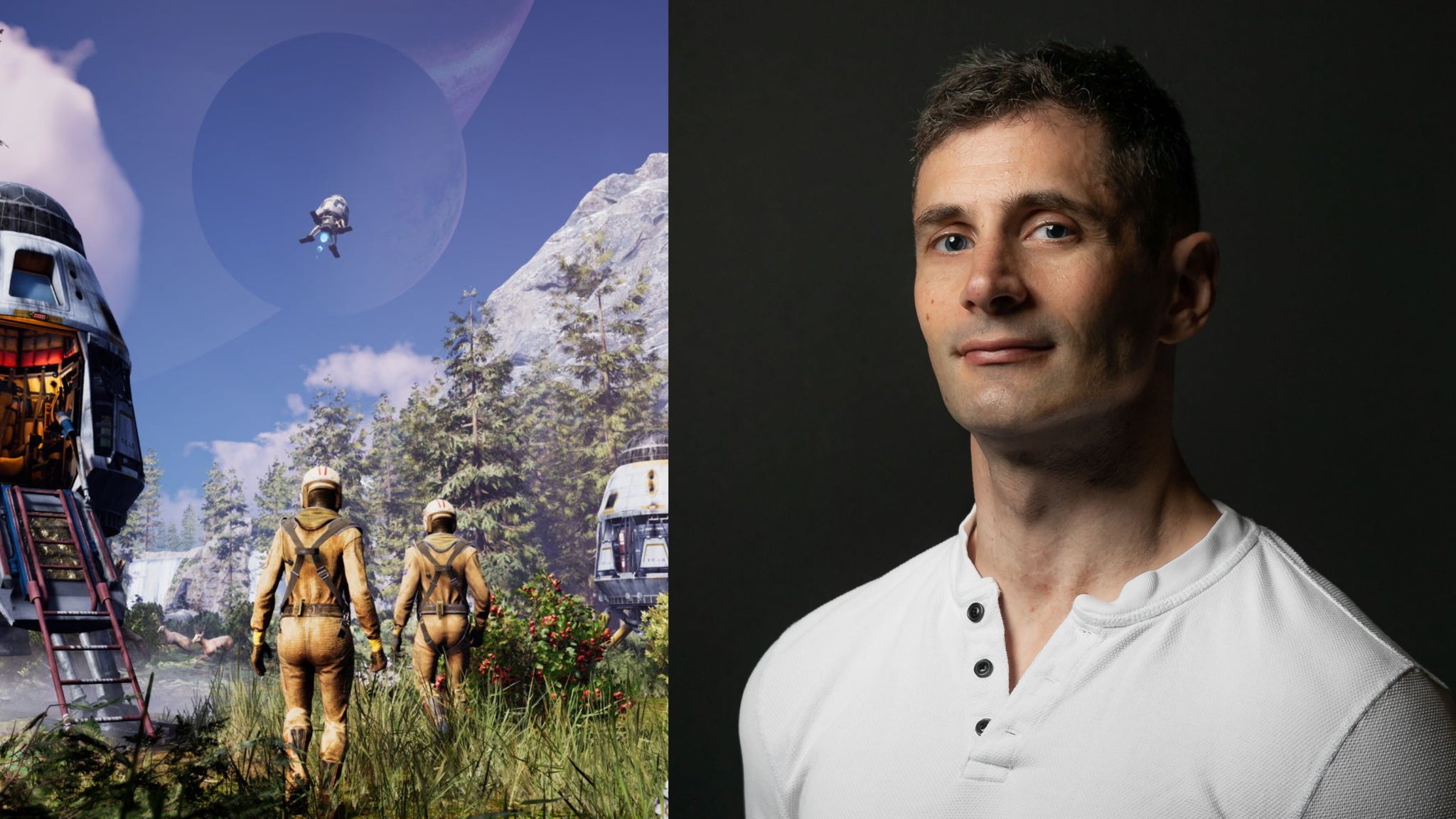 Icarus the video game and a headshot of Dean Hall, studio founder.