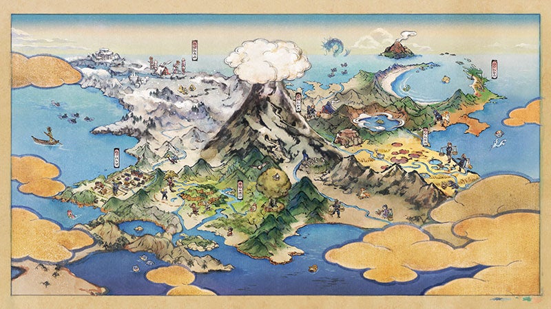 Pokémon Legends Arceus official artwork showing a map of the region in traditional Japanese style.