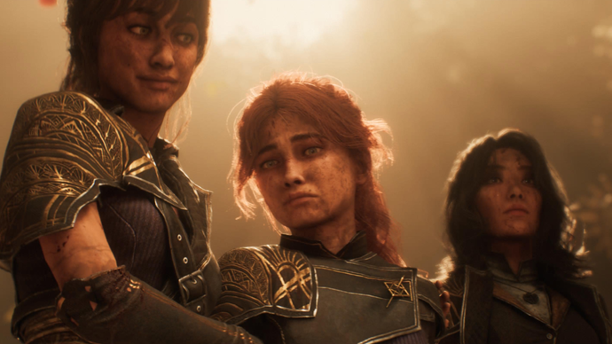 Close up of three female characters bathed in golden light in Expedition 33