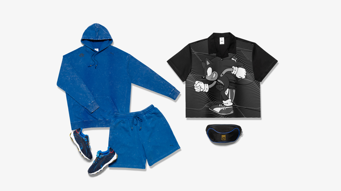 Collection of Sonic clothes from Puma in blue and black