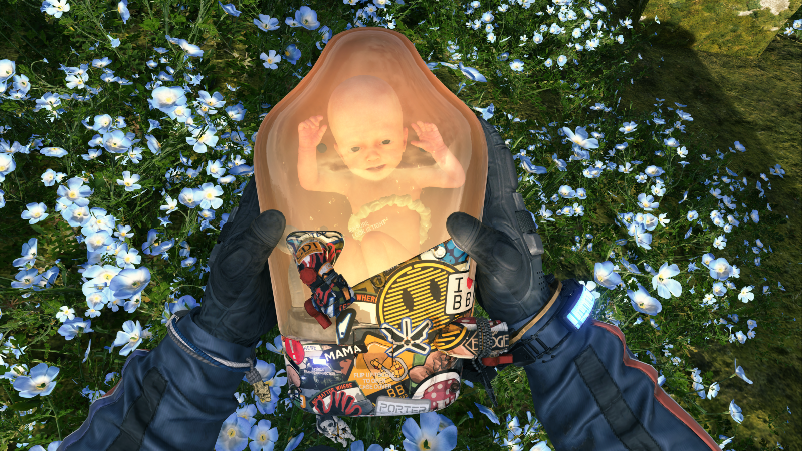 Death Stranding screenshot showing an orange pod being held with a happy baby inside