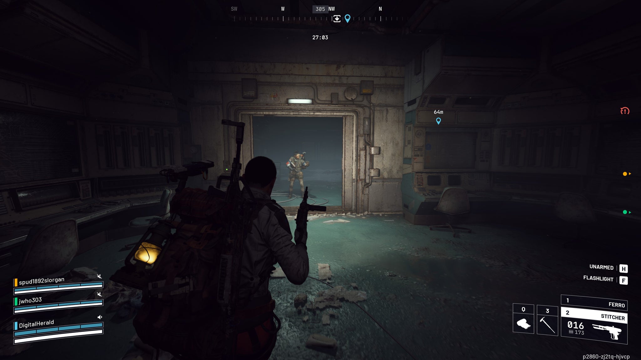 A screenshot of Arc Raiders, showing the player encountering another raider through a doorway in a power station.