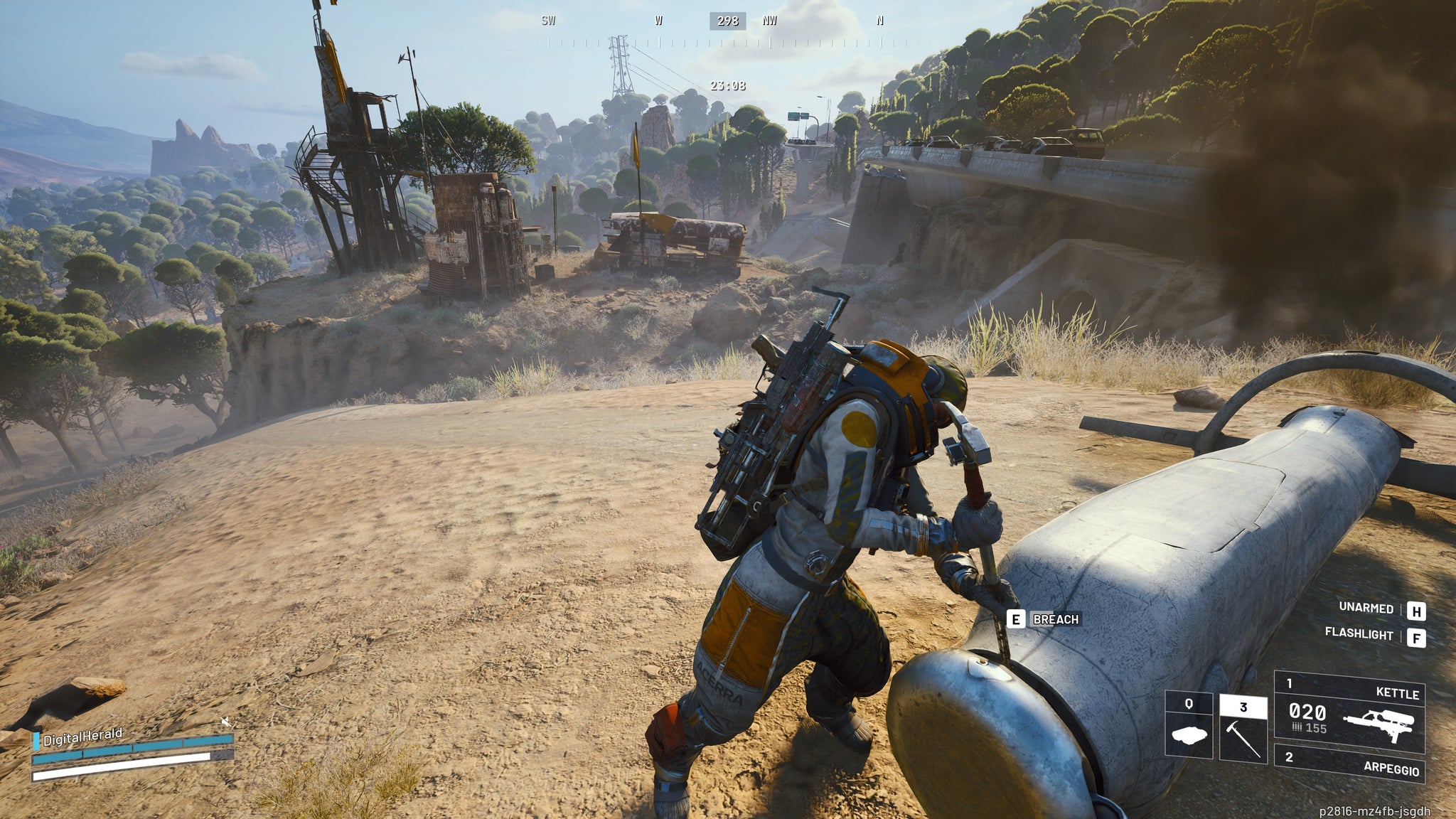 A screenshot of Arc Raiders, showing the player trying to break into an Arc probe.