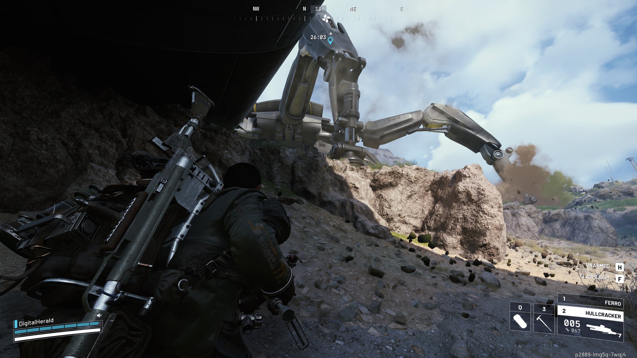 A screenshot of Arc Raiders, showing the player hiding from an enormous, crab-like "Queen" robot.