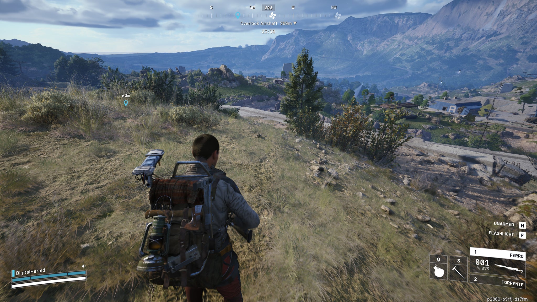 A screenshot of Arc Raiders, showing the player stood on a slope above a sweeping, rocky valley.