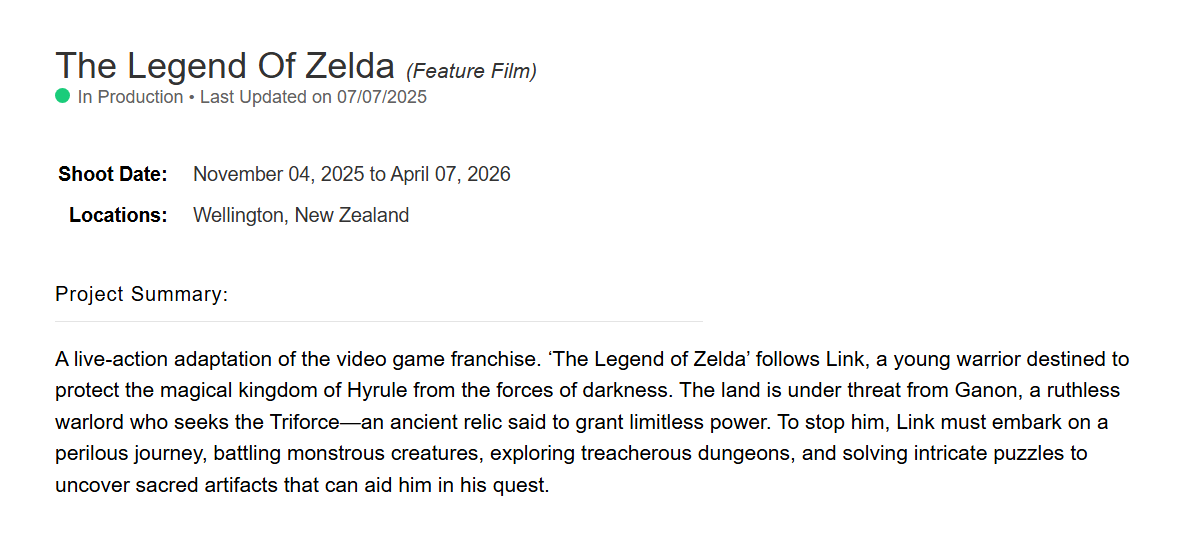 Screenshot showing information on the Legend of Zelda film adaptation