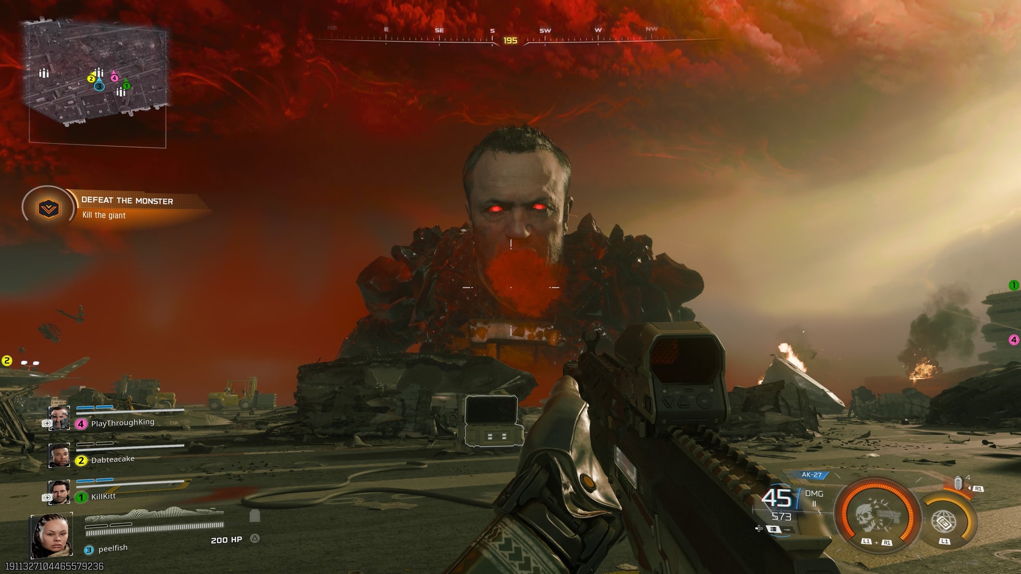 Call of Duty: Black Ops 7 campaign screenshot showing the player shooting at an enormous boss version of squadmate Harper.