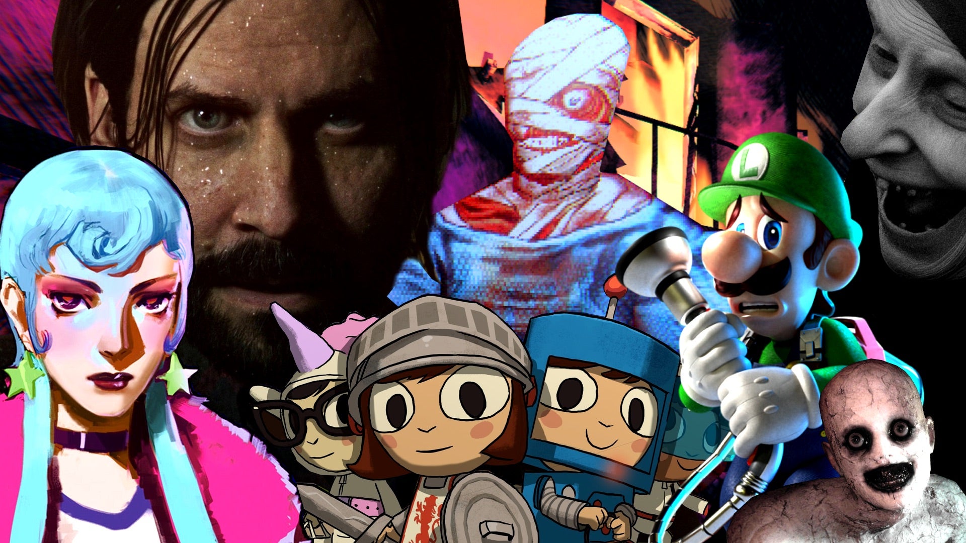 Artwork showing images from various spooky, scary games including Alan Wake 2, Luigi's Mansion 3, Costume Quest, Mouthwashing, and The Mortuary Assistant.
