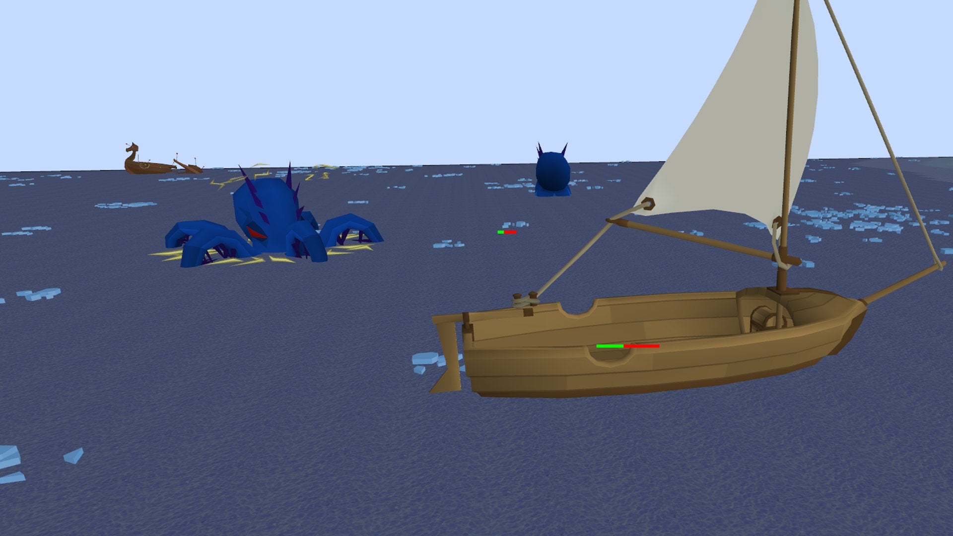 A kraken attacks a boat in icy waters in Old School RuneScape.